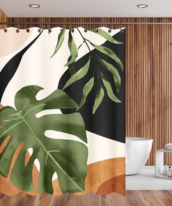 Boho Tropical Shower Curtain with Abstract Plant Print for Bathroom