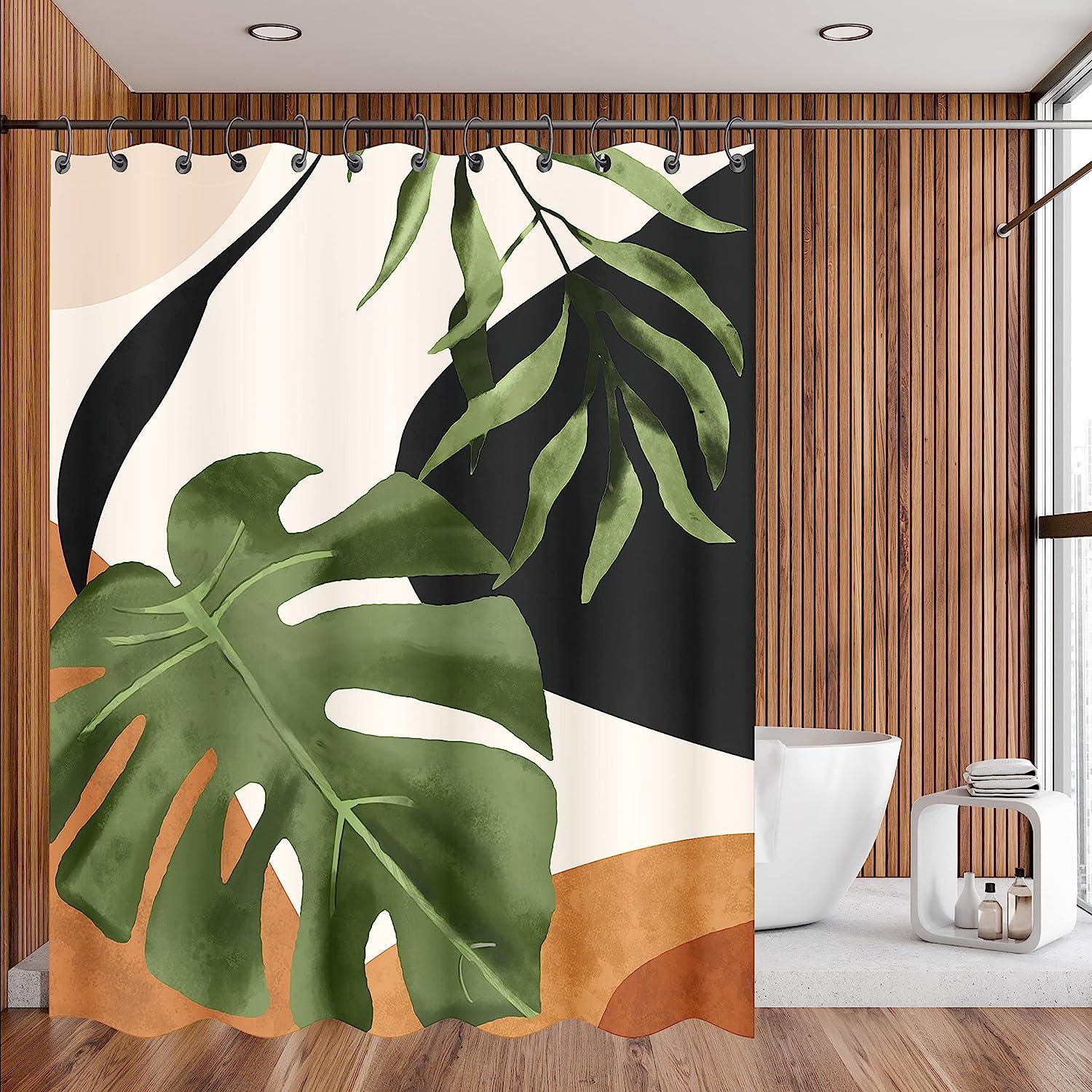 Boho Tropical Shower Curtain with Abstract Plant Print for Bathroom