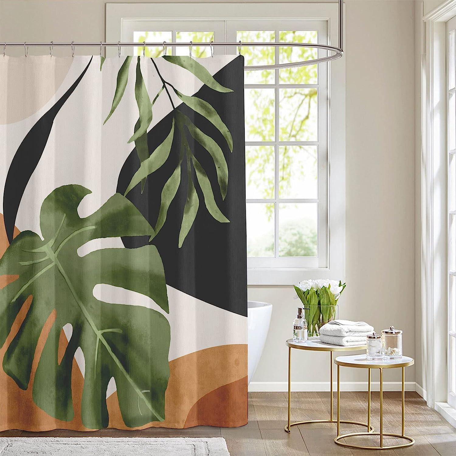 Boho Tropical Shower Curtain with Abstract Plant Print for Bathroom
