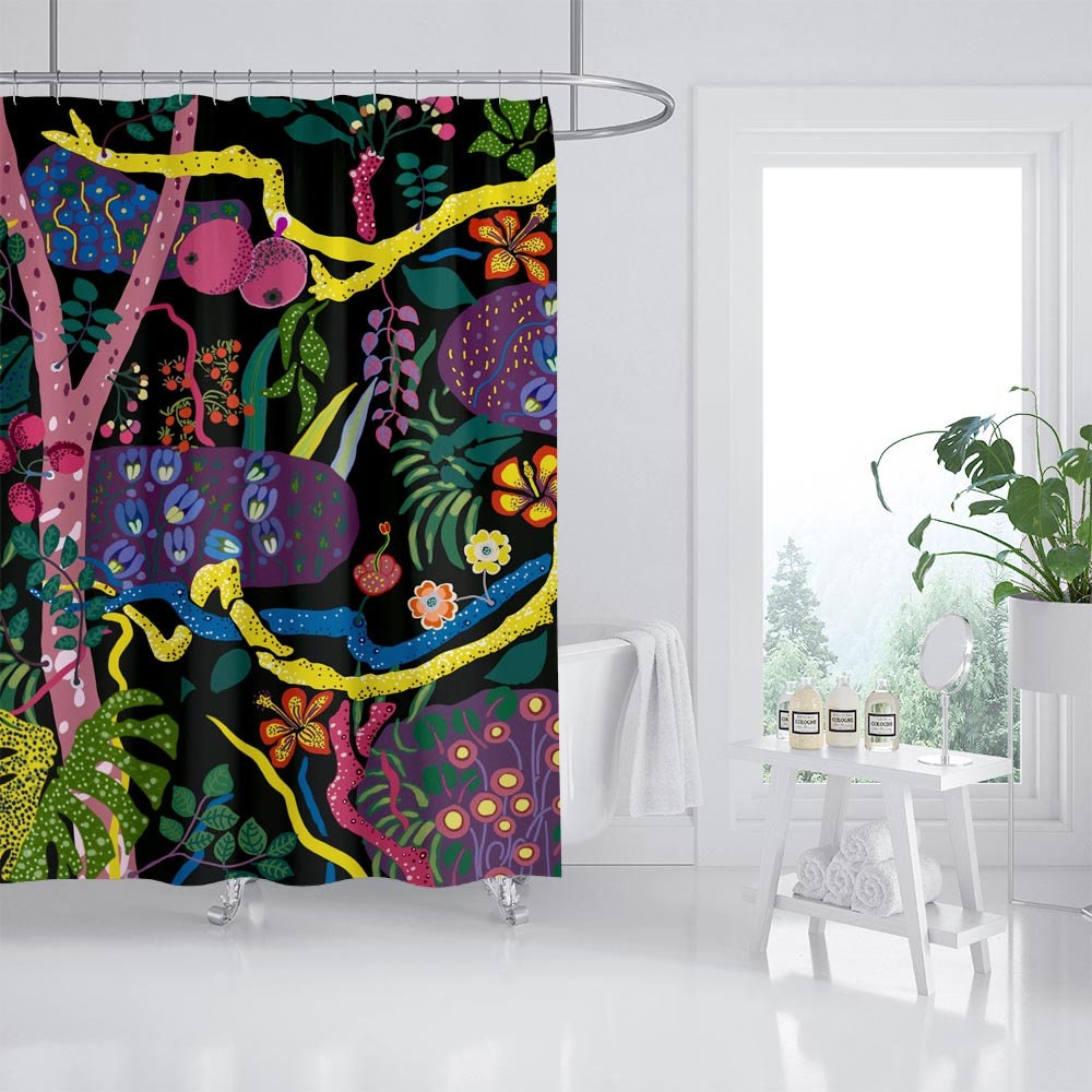 Boho Waterproof Shower Curtain With Darkness Forest Flower Garden Design - Image 2