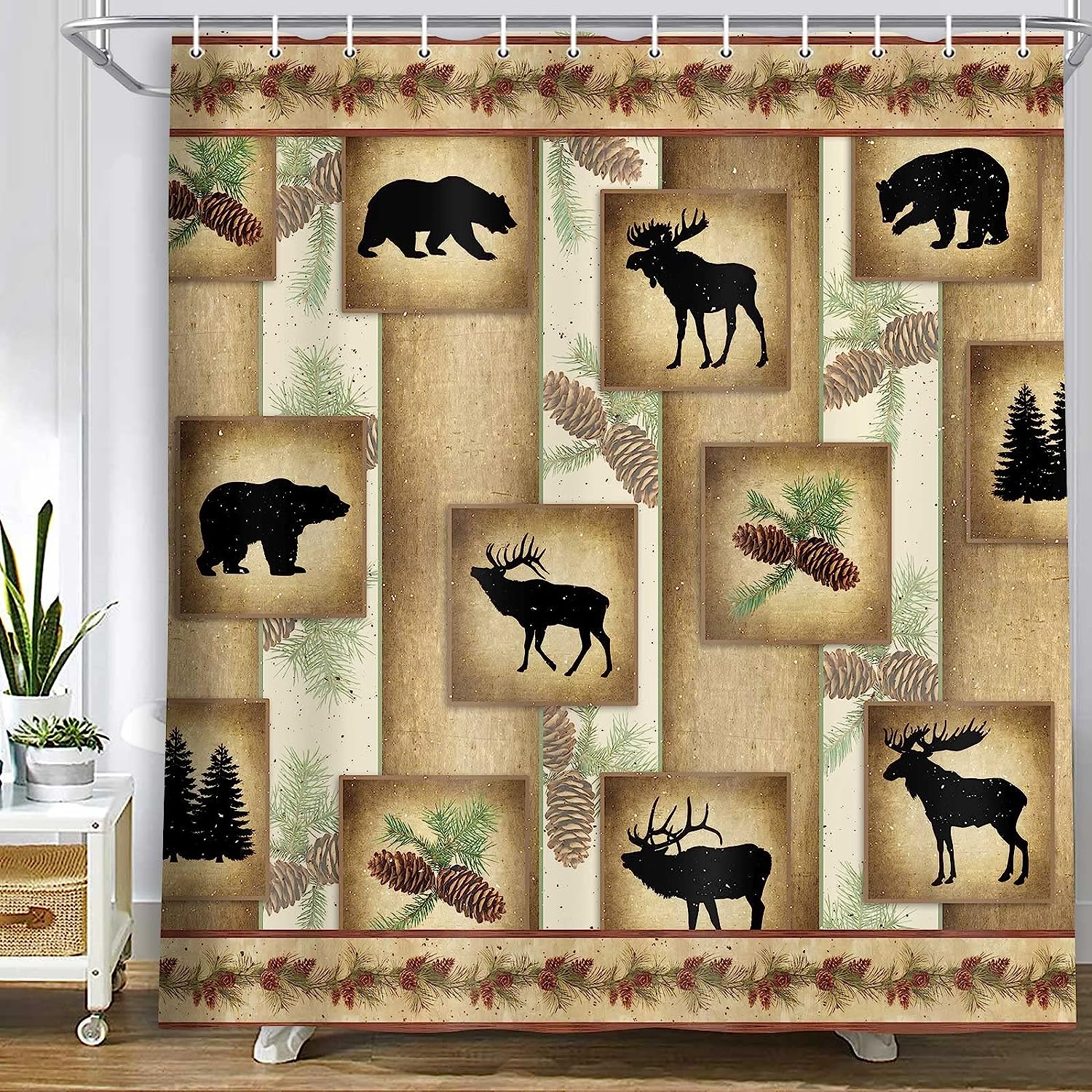 Boho Western Cactus Shower Curtain - Abstract Desert Succulent Plant and Sun Fabric Restroom Curtain Set for Bathroom