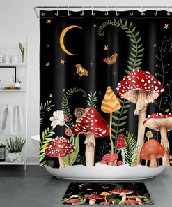 Boho Wonderland Mushroom Butterfly Moon Shower Curtain, Unique Bathroom Accessory