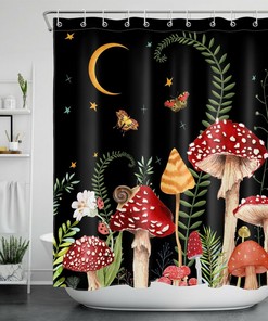 Boho Wonderland Mushroom Butterfly Moon Shower Curtain, Unique Bathroom Accessory