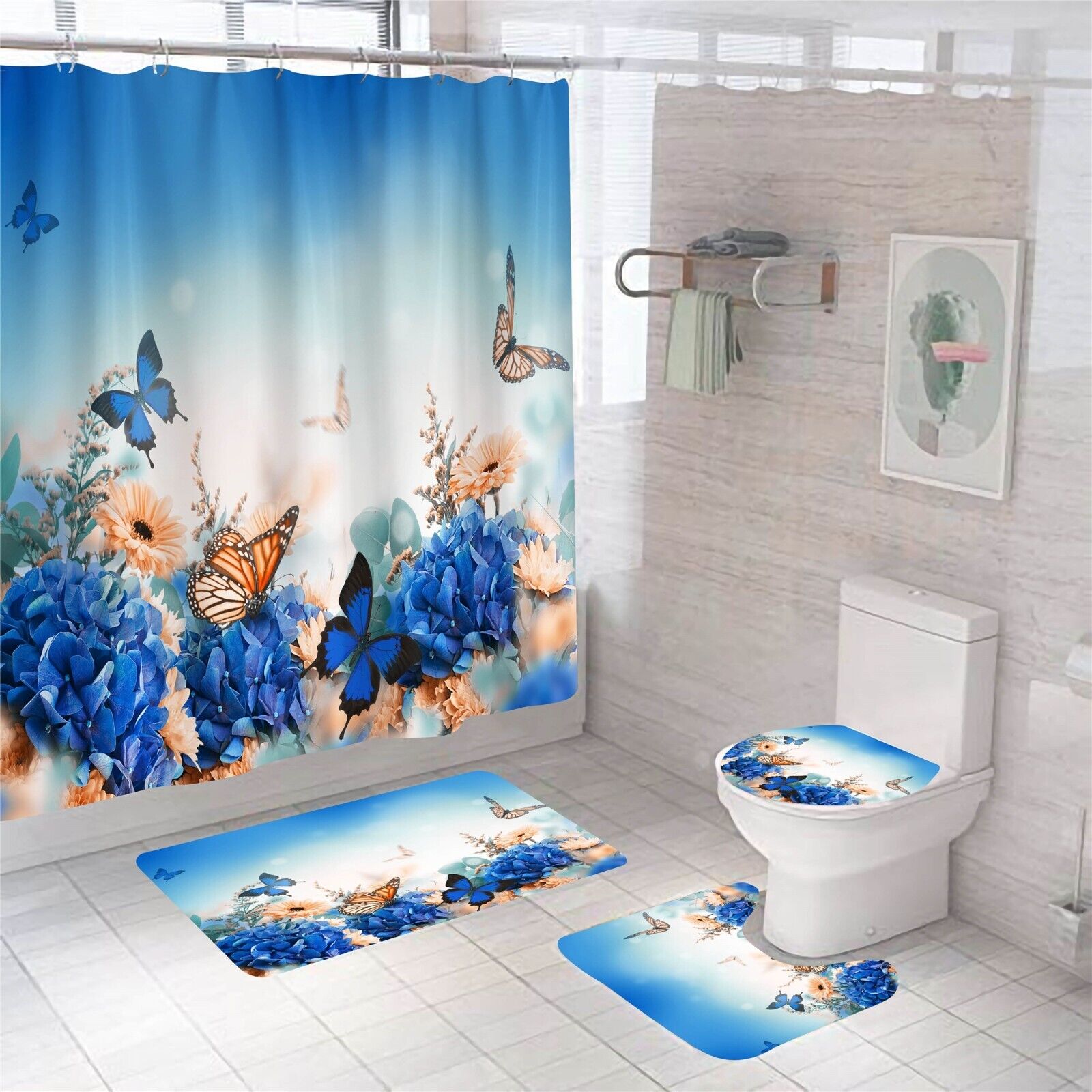 Boho-Style Butterfly And Tropical Flowers Green Leaf Shower Curtain For A Fun Bathroom Decor