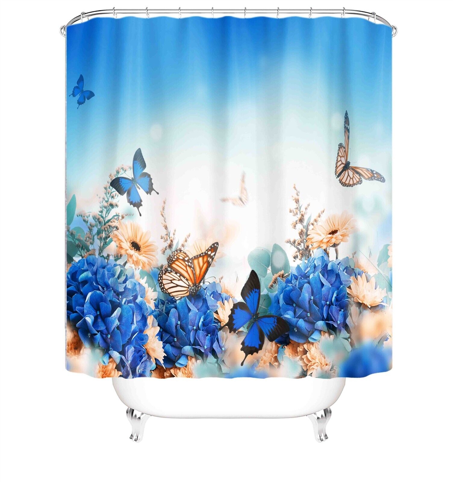 Boho-Style Butterfly And Tropical Flowers Green Leaf Shower Curtain For A Fun Bathroom Decor - Image 2