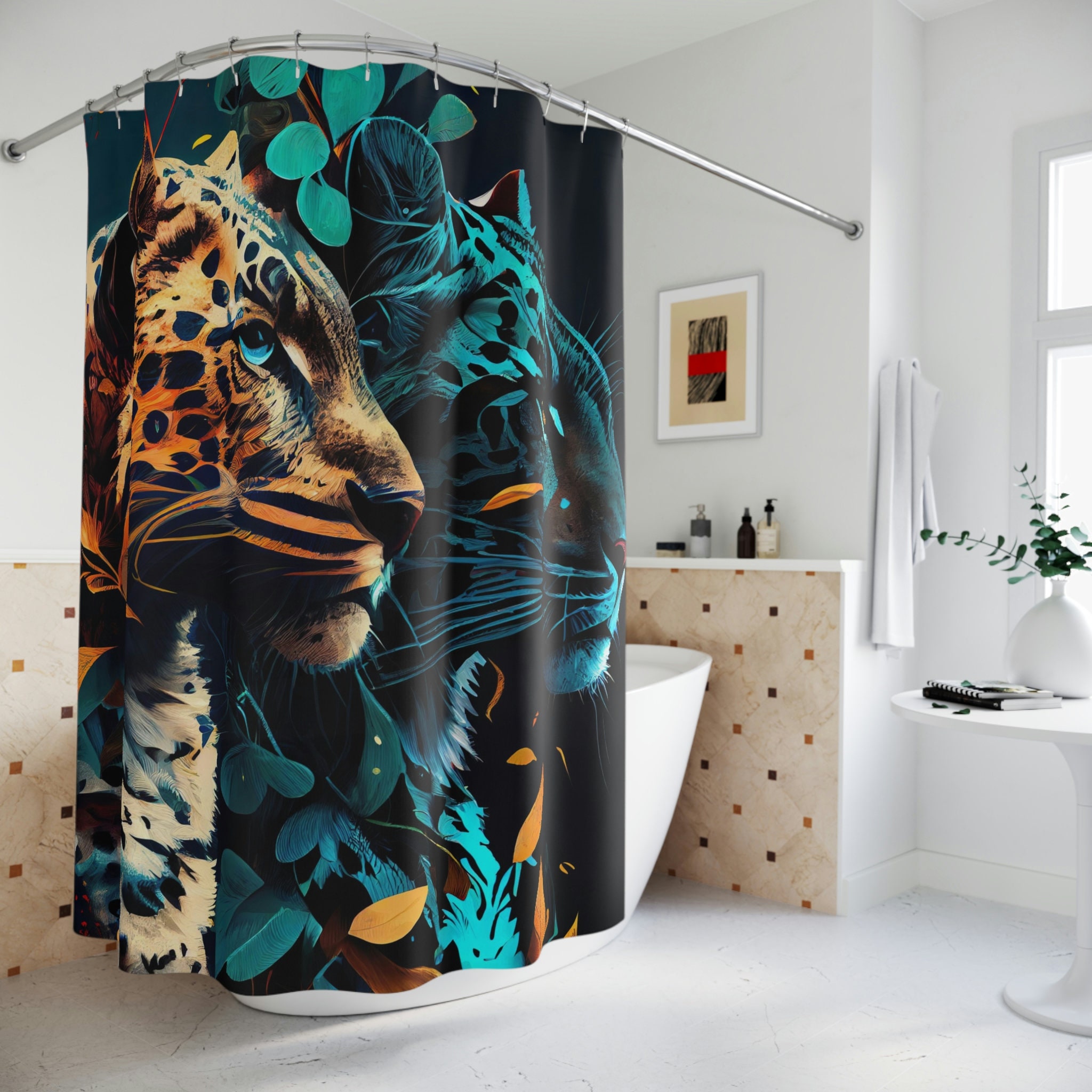 Bold And Beautiful Wildcat Shower Curtain Design, Bright And Fun Cat Theme For Bathroom Decor - Image 2