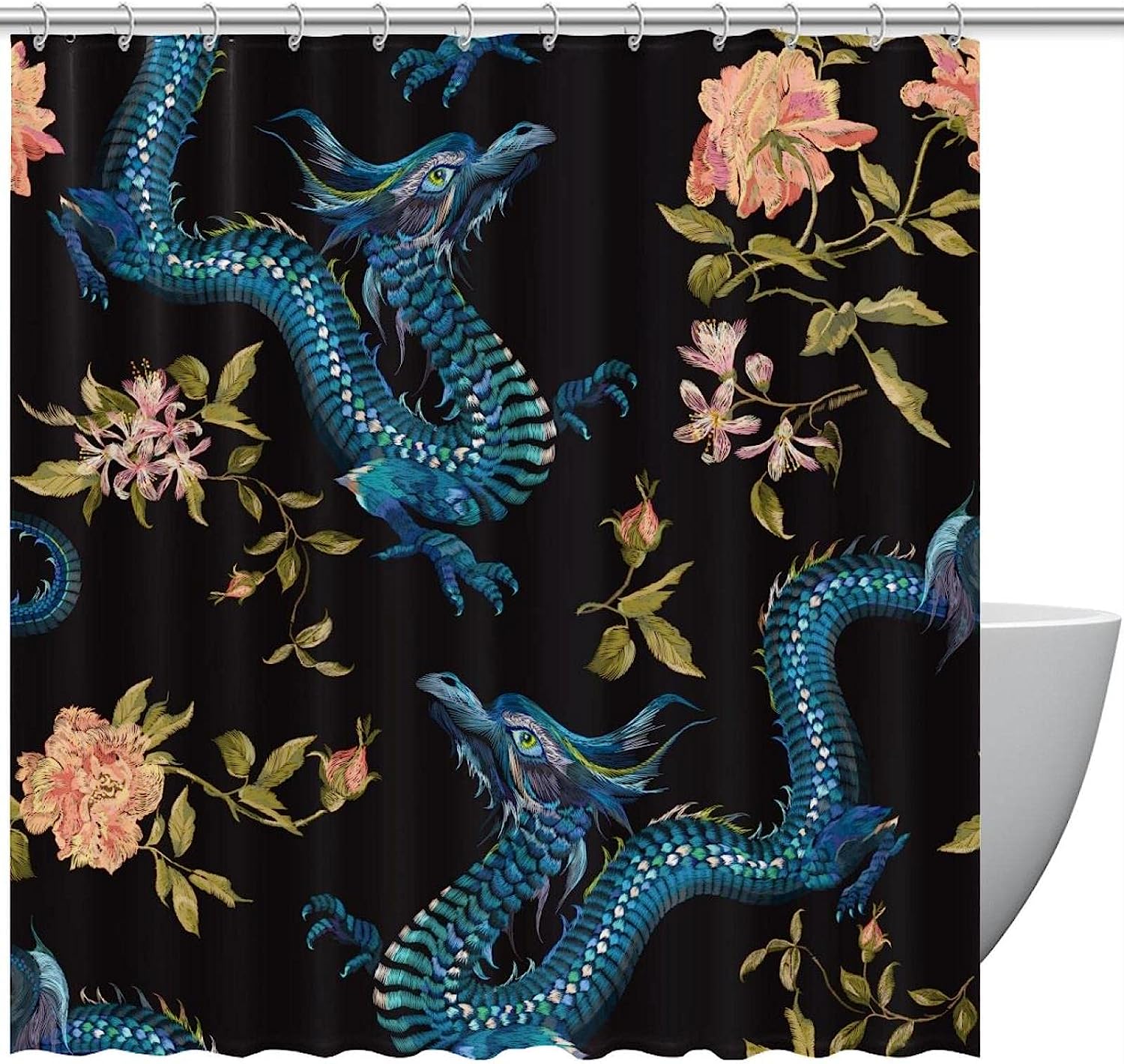 Bold And Colorful Dragon Pattern Shower Curtain Set For Any Bathroom