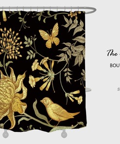 Bold And Elegant Black Gold Flowers Bird Shower Curtain With Retro Floral Design For Your Modern Bathroom Decor