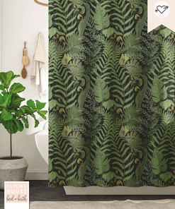 Bold Emerald Green Fern Leaf Shower Curtain With Dark Academia Woodland Forest Trees