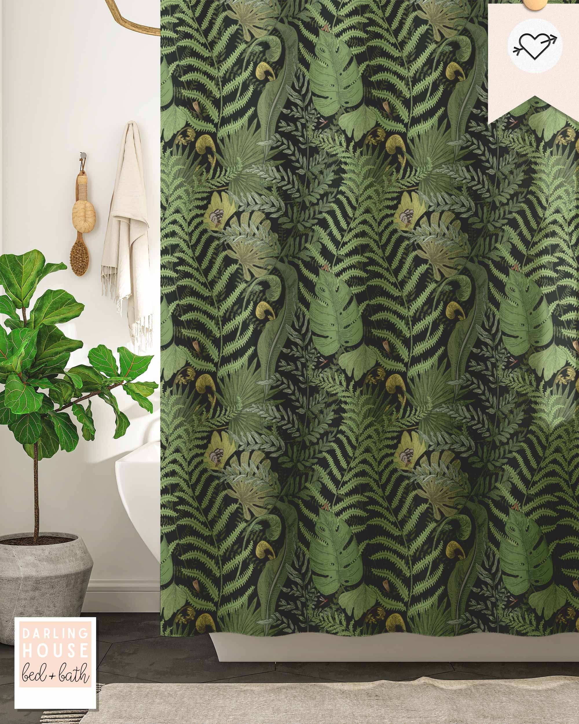 Bold Emerald Green Fern Leaf Shower Curtain With Dark Academia Woodland Forest Trees