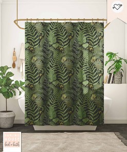 Bold Emerald Green Fern Leaf Shower Curtain With Dark Academia Woodland Forest Trees