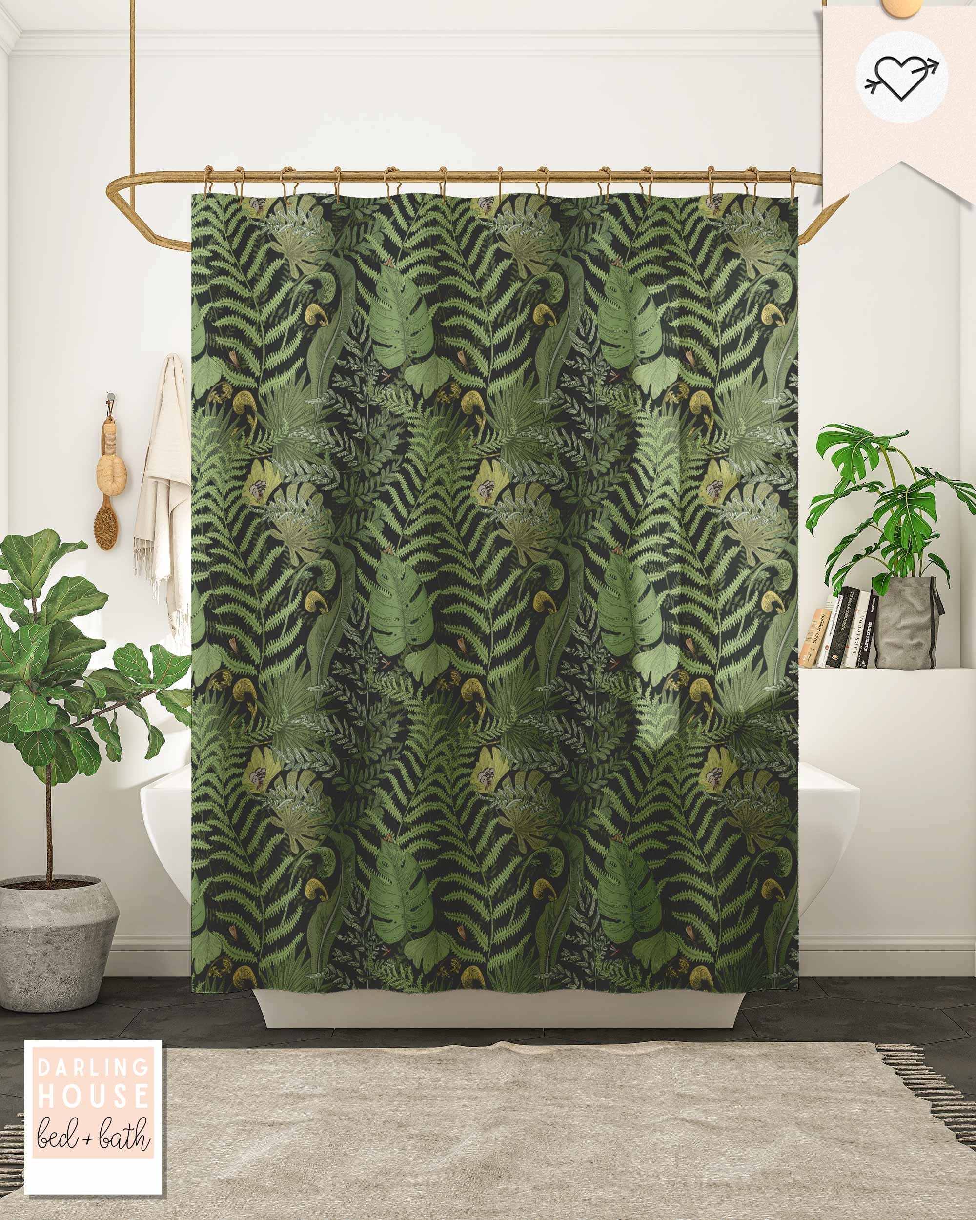 Bold Emerald Green Fern Leaf Shower Curtain With Dark Academia Woodland Forest Trees