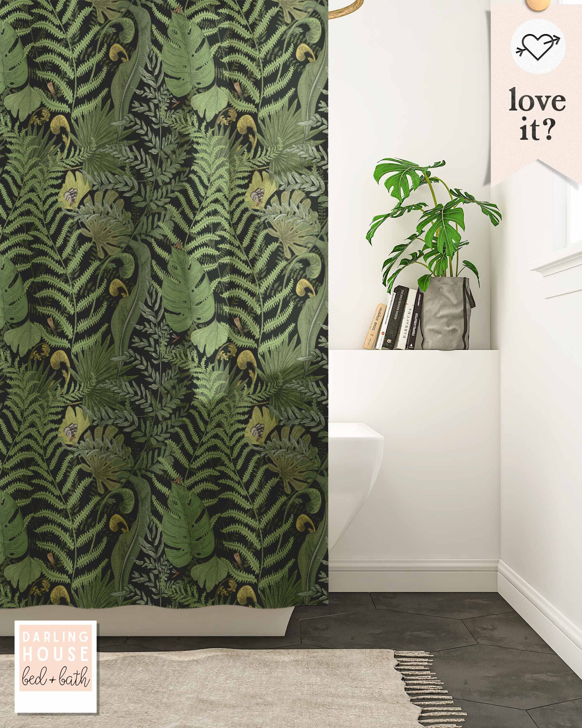 Bold Emerald Green Fern Leaf Shower Curtain With Dark Academia Woodland Forest Trees