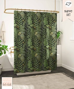 Bold Emerald Green Fern Leaf Shower Curtain With Dark Academia Woodland Forest Trees