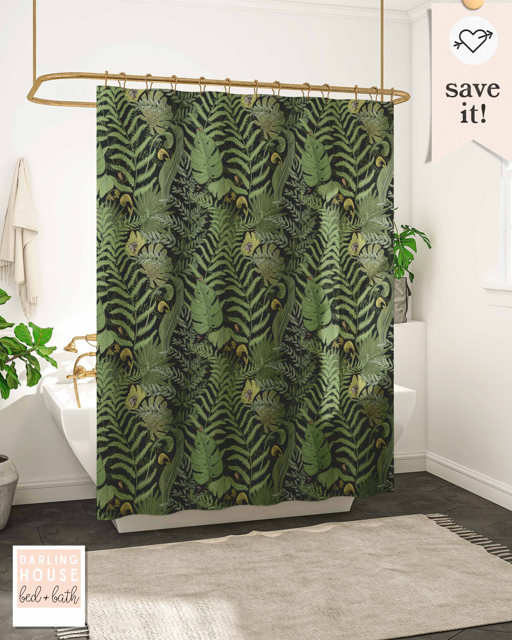 Bold Emerald Green Fern Leaf Shower Curtain With Dark Academia Woodland Forest Trees