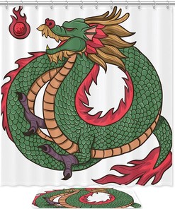 Bold Green Chinese Dragon Waterproof Shower Curtain For Exotic Bathroom Decor