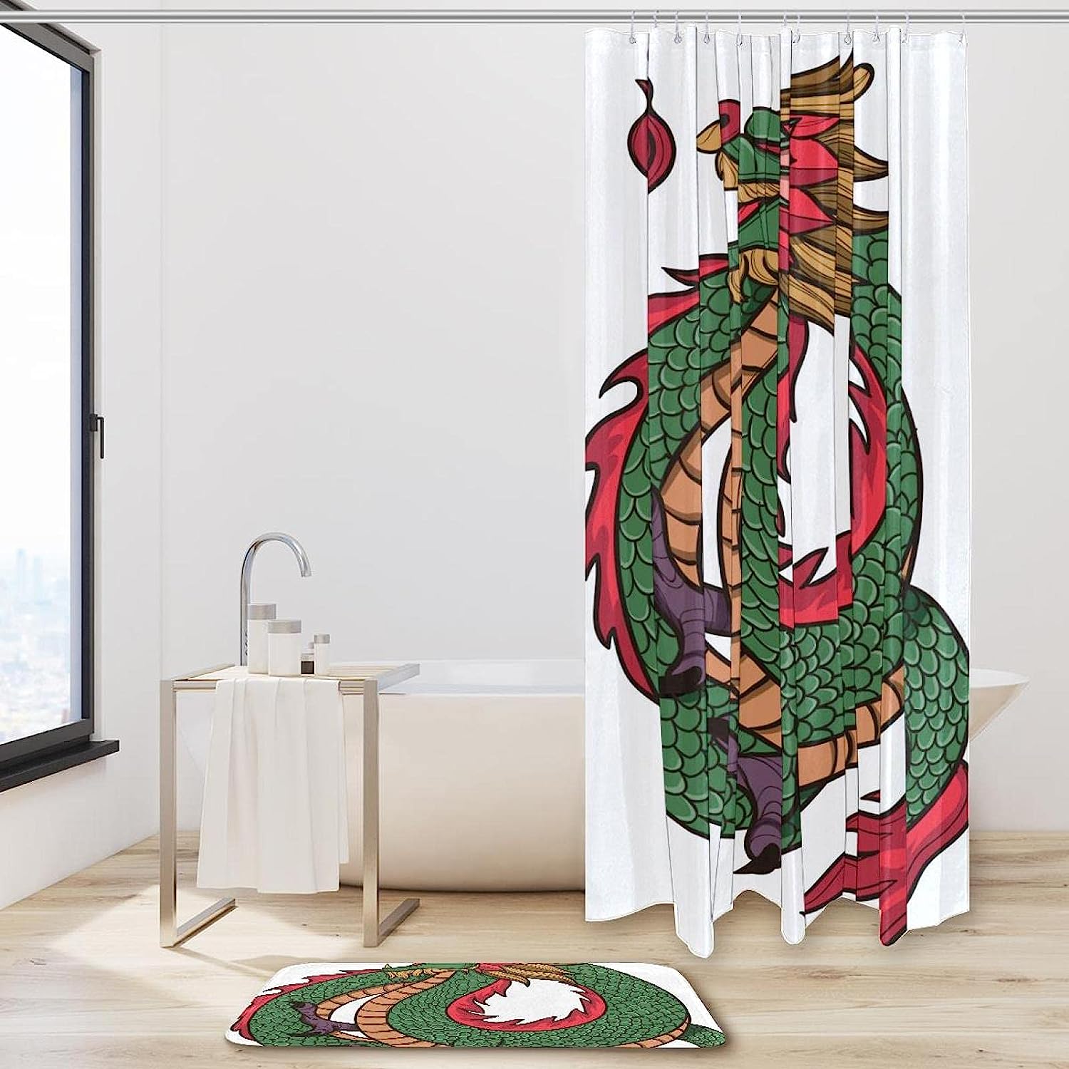 Bold Green Chinese Dragon Waterproof Shower Curtain For Exotic Bathroom Decor