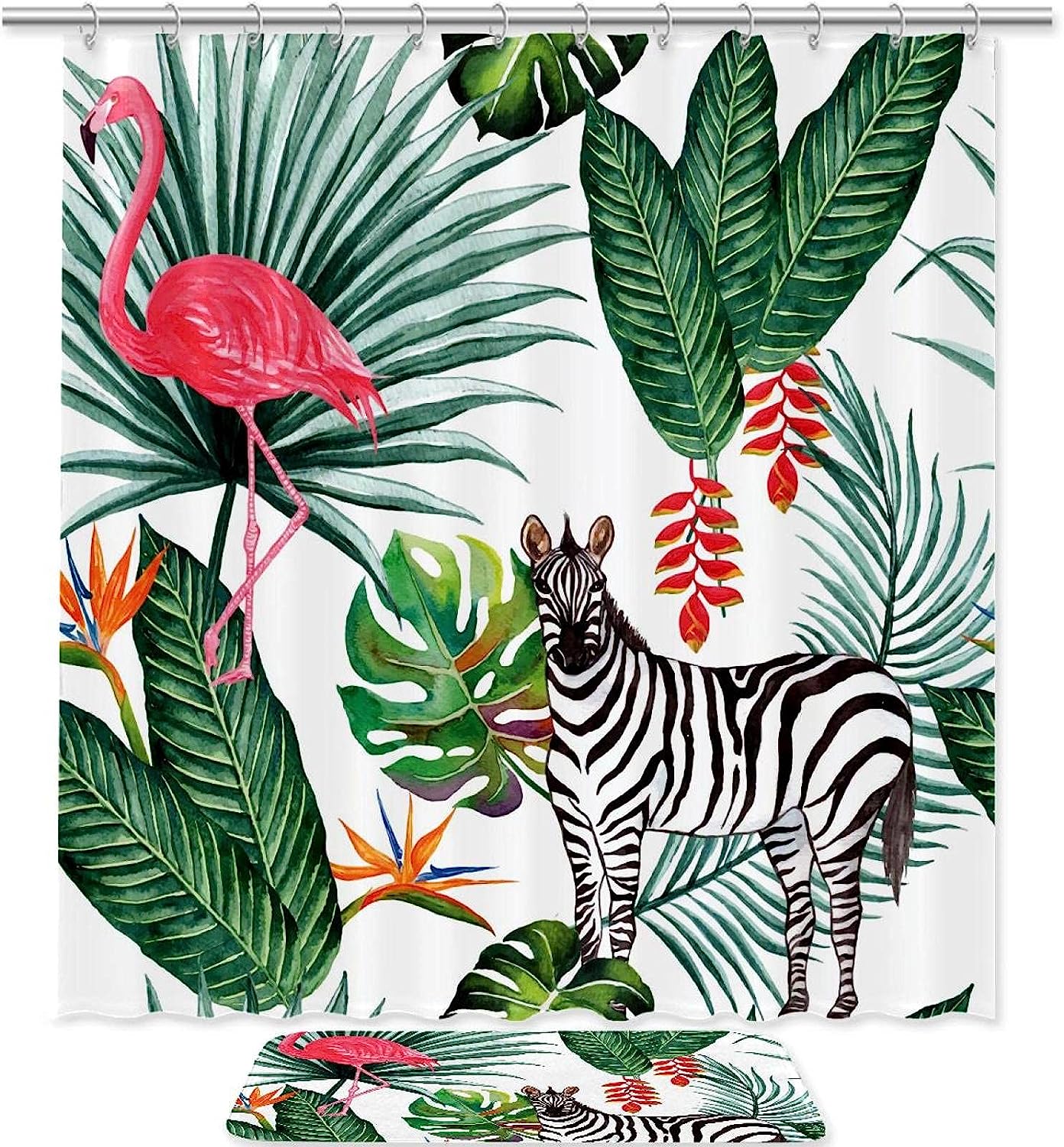 Bold Tropical Flamingo Zebro and Eco-Friendly Shower Curtain