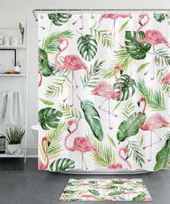 Bold and Colorful Palm Leaf Flamingo Tropical Plant Shower Curtain for Playful Bathroom Decor