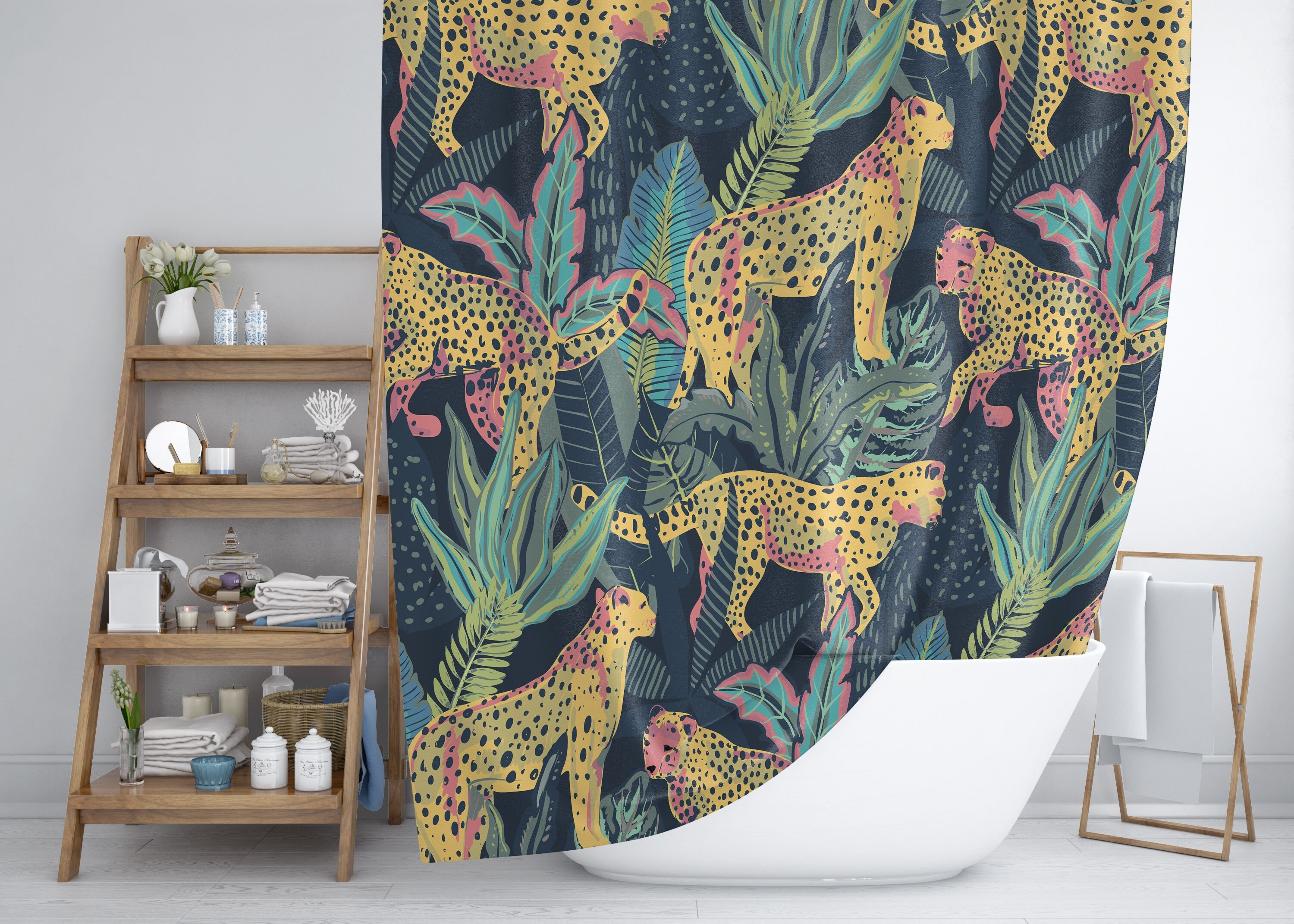 Bold and Colorful Tropical Wildlife Pattern Shower Curtain for Bathroom Decor
