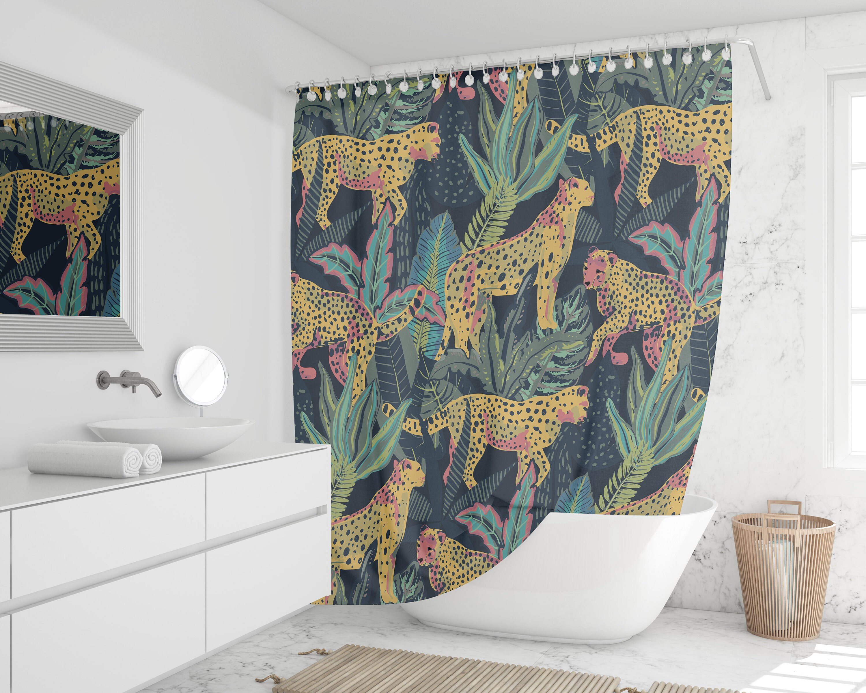 Bold and Colorful Tropical Wildlife Pattern Shower Curtain for Bathroom Decor