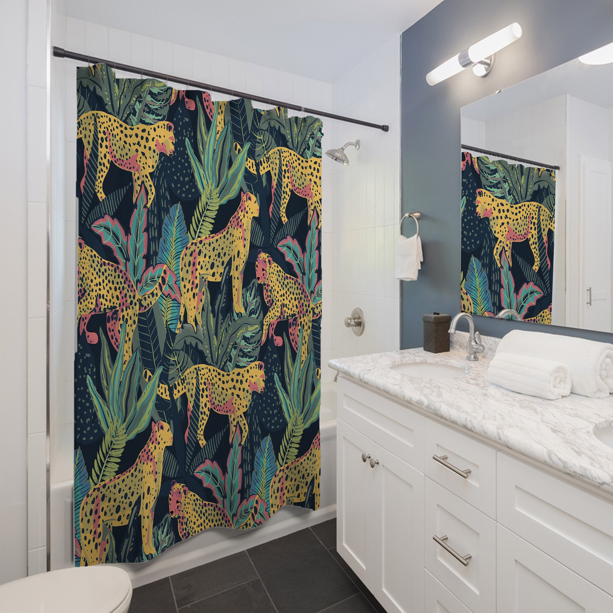 Bold and Colorful Tropical Wildlife Pattern Shower Curtain for Bathroom Decor