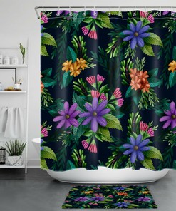 Bold and Colorful with Green Leaves and Flowers Shower Curtain for Your Tropical Bathroom 