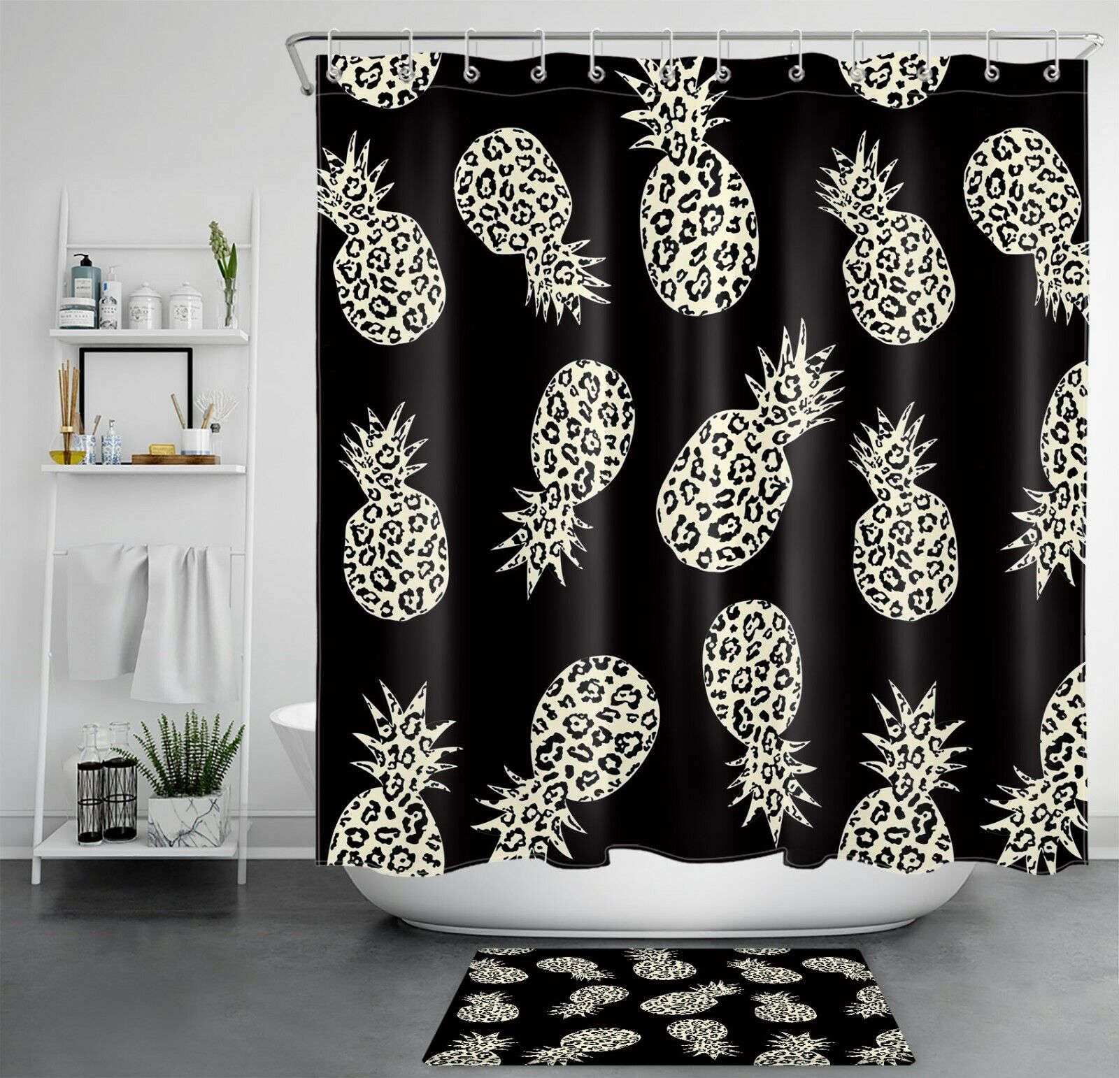 Bold and Dramatic Pineapple Print Shower Curtain for a Bold Bathroom