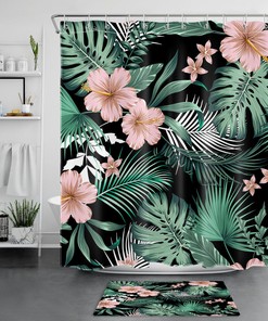 Bold and Vibrant Pink Floral and Tropical Plants on Black Shower Curtain for Bold and Modern Bathroom Decor