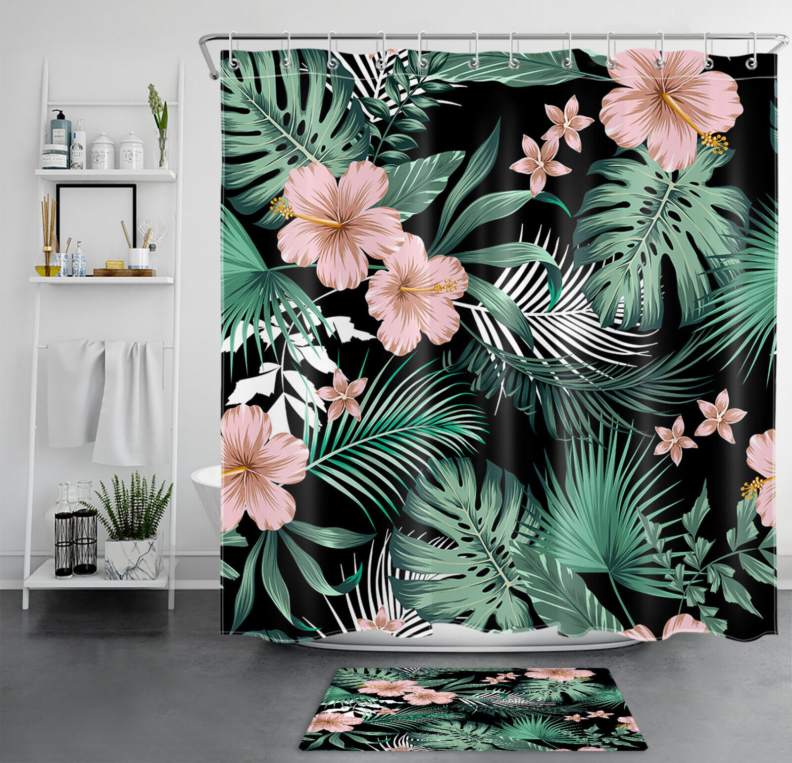 Bold and Vibrant Pink Floral and Tropical Plants on Black Shower Curtain for Bold and Modern Bathroom Decor