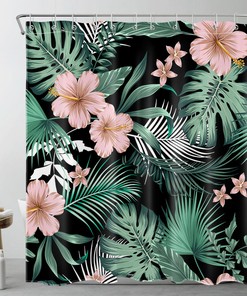 Bold and Vibrant Pink Floral and Tropical Plants on Black Shower Curtain for Bold and Modern Bathroom Decor