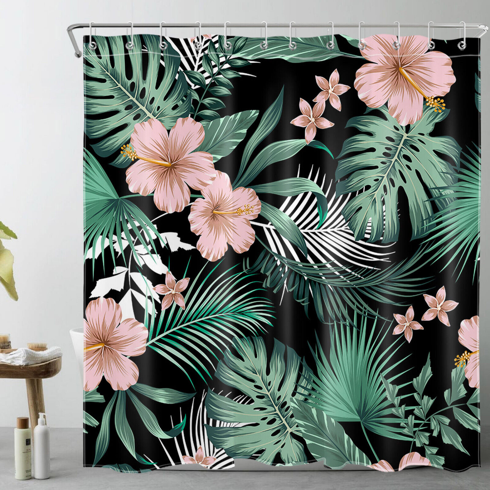 Bold and Vibrant Pink Floral and Tropical Plants on Black Shower Curtain for Bold and Modern Bathroom Decor