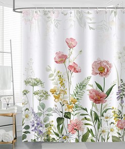 Bonhause Spring Floral Shower Curtain, Garden Flower And Leaves Print, Waterproof Fabric For The Bathroom