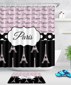 Bonjour Paris Eiffel Tower Shower Curtain, Pink And Black Patterns, Bathroom Decor