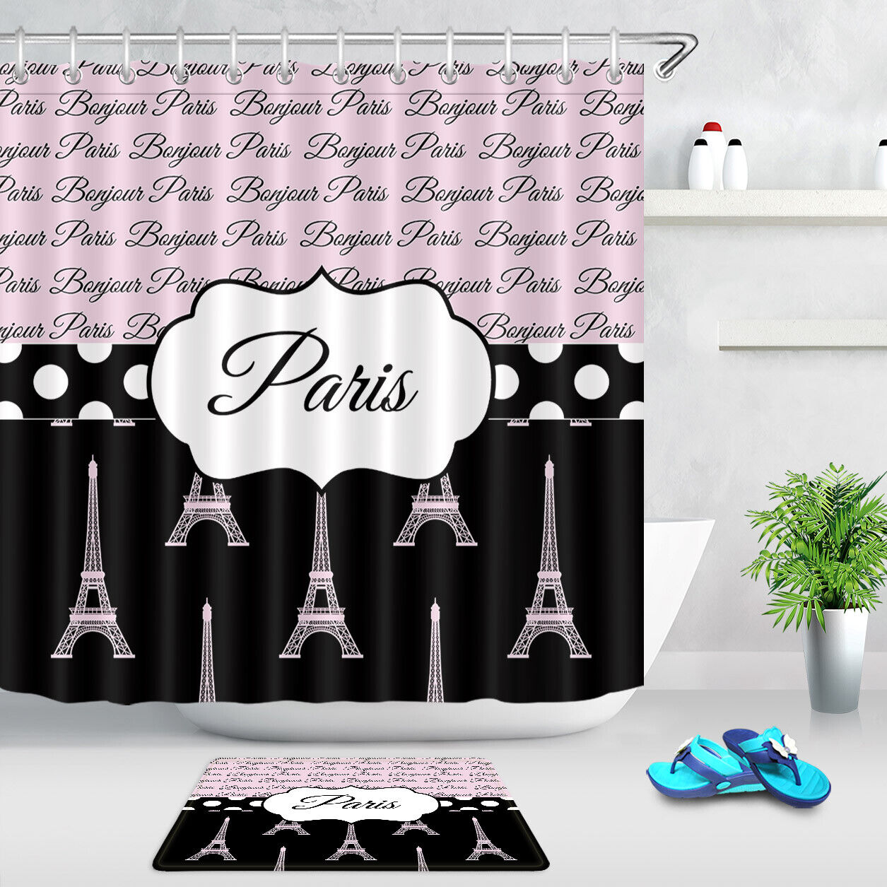 Bonjour Paris Eiffel Tower Shower Curtain, Pink And Black Patterns, Bathroom Decor