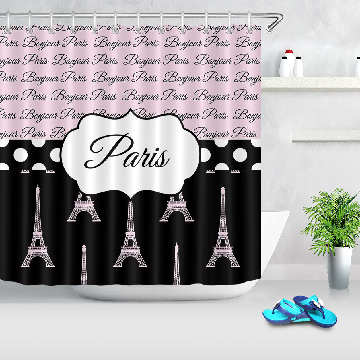 Bonjour Paris Eiffel Tower Shower Curtain, Pink And Black Patterns, Bathroom Decor - Image 2