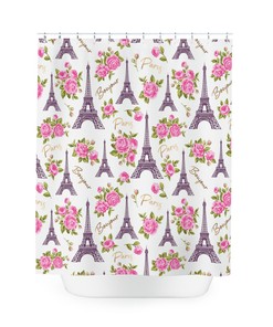 Bonjour! Paris Shower Curtain with Eiffel Tower, Roses, and Parisian Apartment Decor 