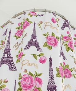 Bonjour! Paris Shower Curtain with Eiffel Tower, Roses, and Parisian Apartment Decor