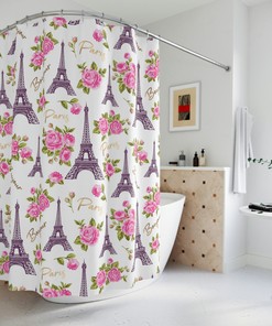 Bonjour! Paris Shower Curtain with Eiffel Tower, Roses, and Parisian Apartment Decor 