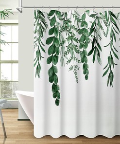 Boodii Hunter Green Leaf Shower Curtain, Eucalyptus Spring Print, Botanical Floral Leaf Design