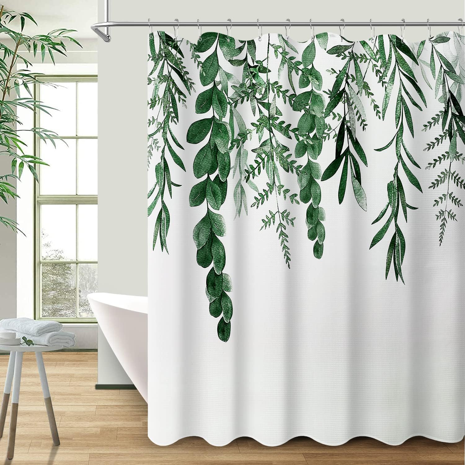 Boodii Hunter Green Leaf Shower Curtain, Eucalyptus Spring Print, Botanical Floral Leaf Design
