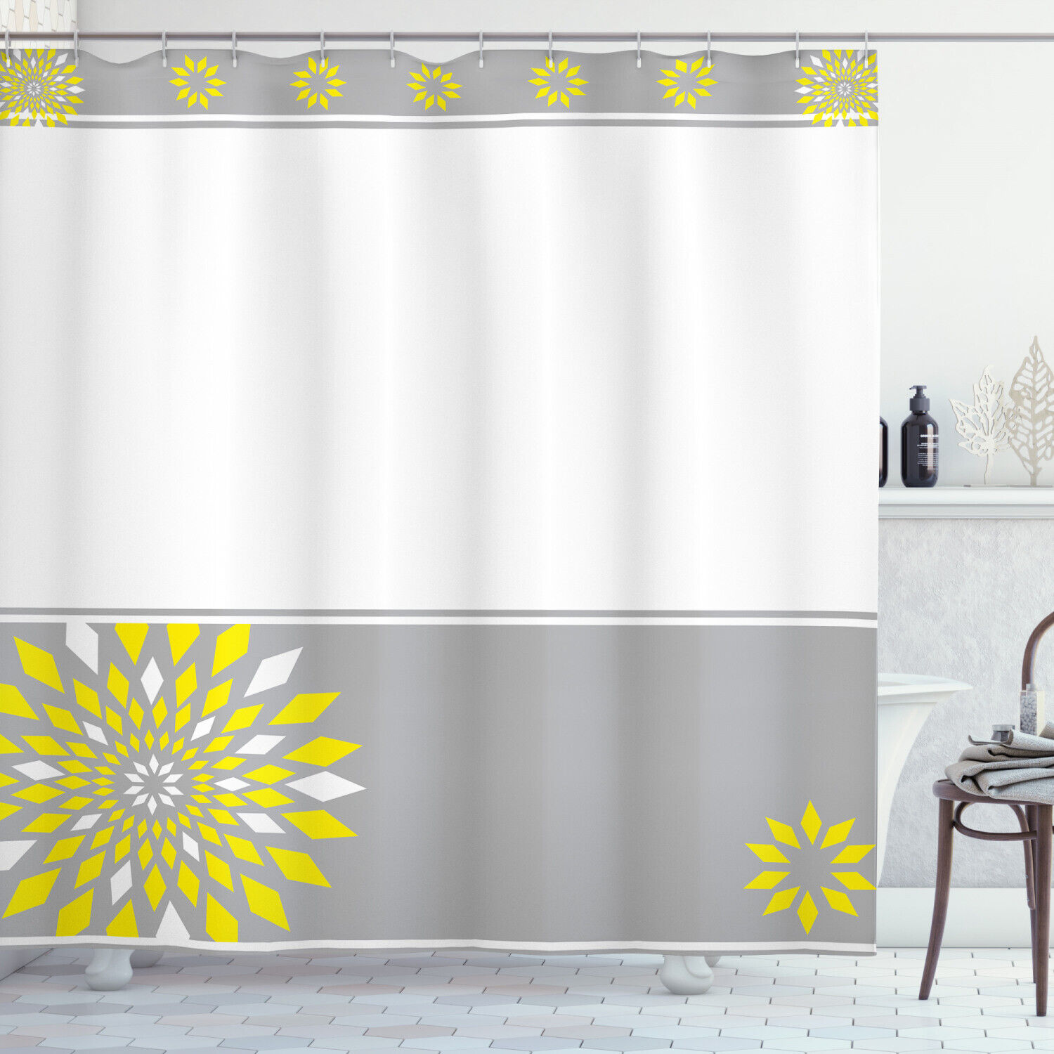 Border With Flowers Geometric Pattern Shower Curtain For Modern Bathroom Decor