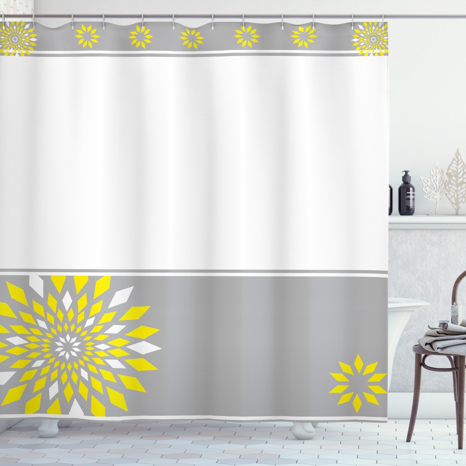 Border With Flowers Geometric Pattern Shower Curtain For Modern Bathroom Decor