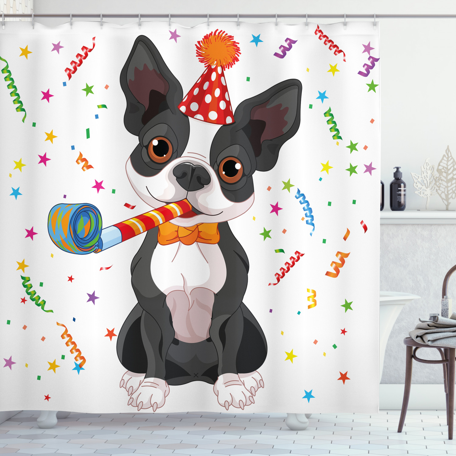 Boston Terrier Dog Print Shower Curtain For Bathroom - Image 3