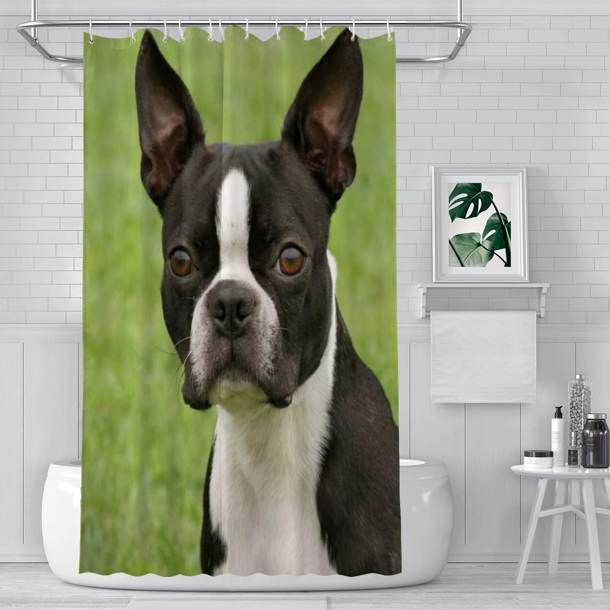 Boston Terrier Wildlife Dog White Breed Cute Domestic Design Fabric Bath Shower Curtain