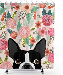 Boston Terrier with Florals Personalized Shower Curtain, Waterproof Bath Decor with Hooks