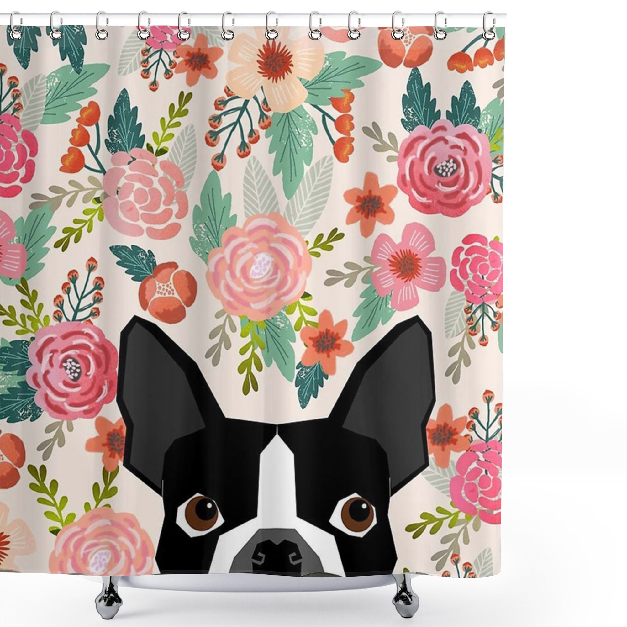Boston Terrier with Florals Personalized Shower Curtain, Waterproof Bath Decor with Hooks