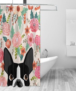 Boston Terrier with Florals Personalized Shower Curtain, Waterproof Bath Decor with Hooks