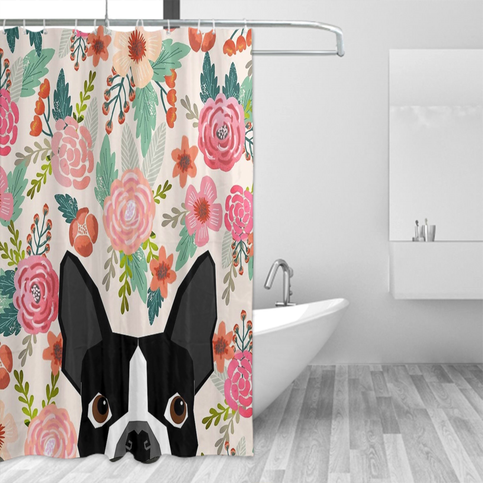 Boston Terrier with Florals Personalized Shower Curtain, Waterproof Bath Decor with Hooks