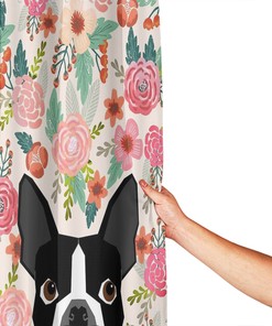 Boston Terrier with Florals Personalized Shower Curtain, Waterproof Bath Decor with Hooks